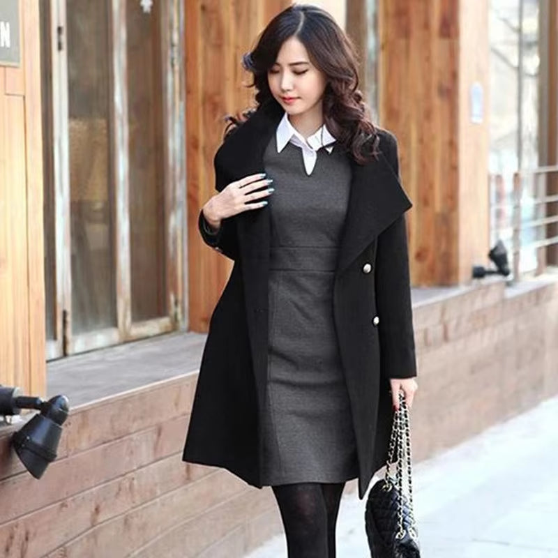 Women 2024 New Fashion Lapel Wool Coat Ladies Autumn Winter Manteau Femme Overcoat Cotton Mixing High Quality Long Slim Coats