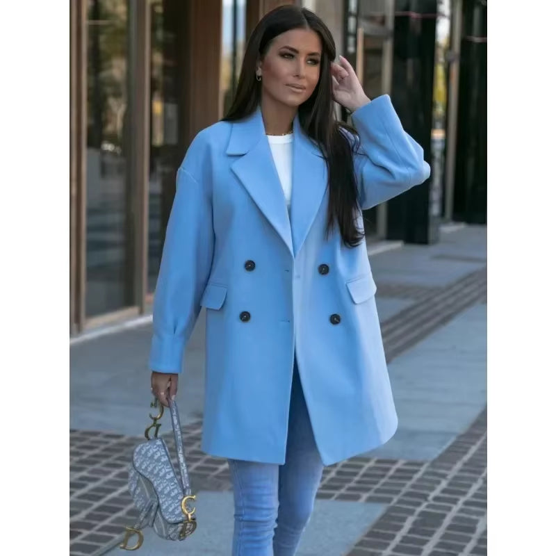 Long Sleeved Suit Collar Double Breasted Nickel Coat with Trendy Design Showcasing Personal Charm Coats for Women