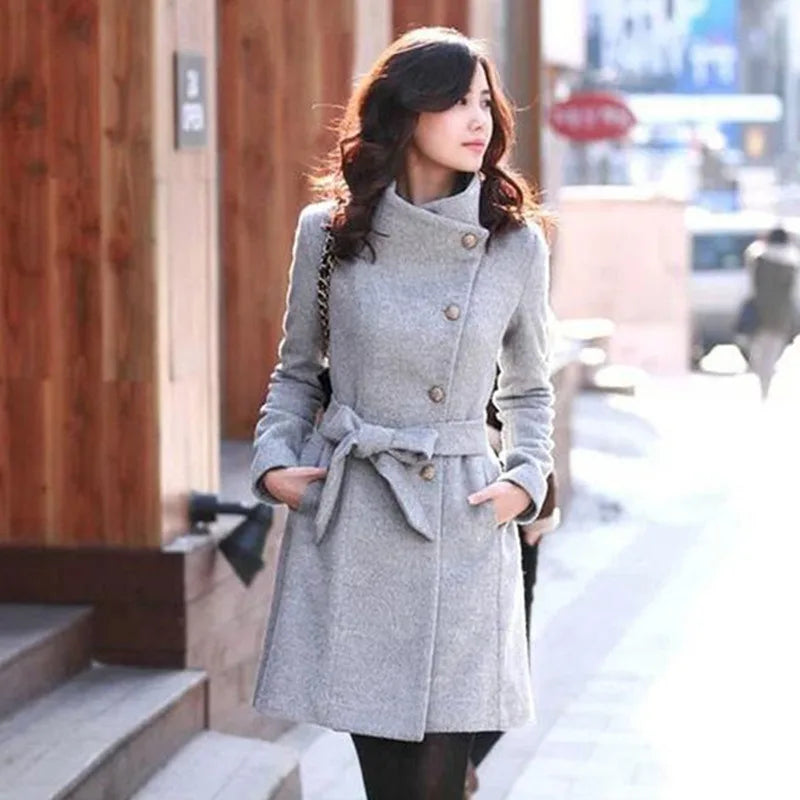Women 2024 New Fashion Lapel Wool Coat Ladies Autumn Winter Manteau Femme Overcoat Cotton Mixing High Quality Long Slim Coats