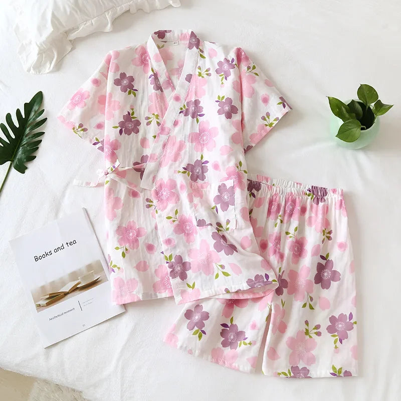 Japanese-Style Kimono Cotton Fresh Style Pajamas Suit Female Casual Spring and Summer Pajamas Pajamas Two-Piece Home Service