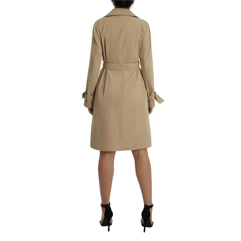 Ladies Casual Wind Coat, Spring Autumn Girls Solid Color Long Sleeve Lapel Double-Breasted Trench Outwear with Belt, Khaki/Green