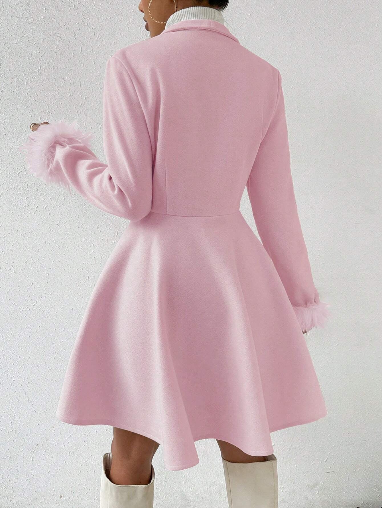 Privé Solid Color Wool Coat with Fringed Cuff and Single Button Closure