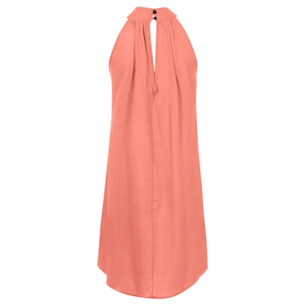 Turtleneck Dress above Knee Solid Color Irregular Dress Ladies Summer Beach Style Sleeveless Party Sundress Loose Bohemian Robe