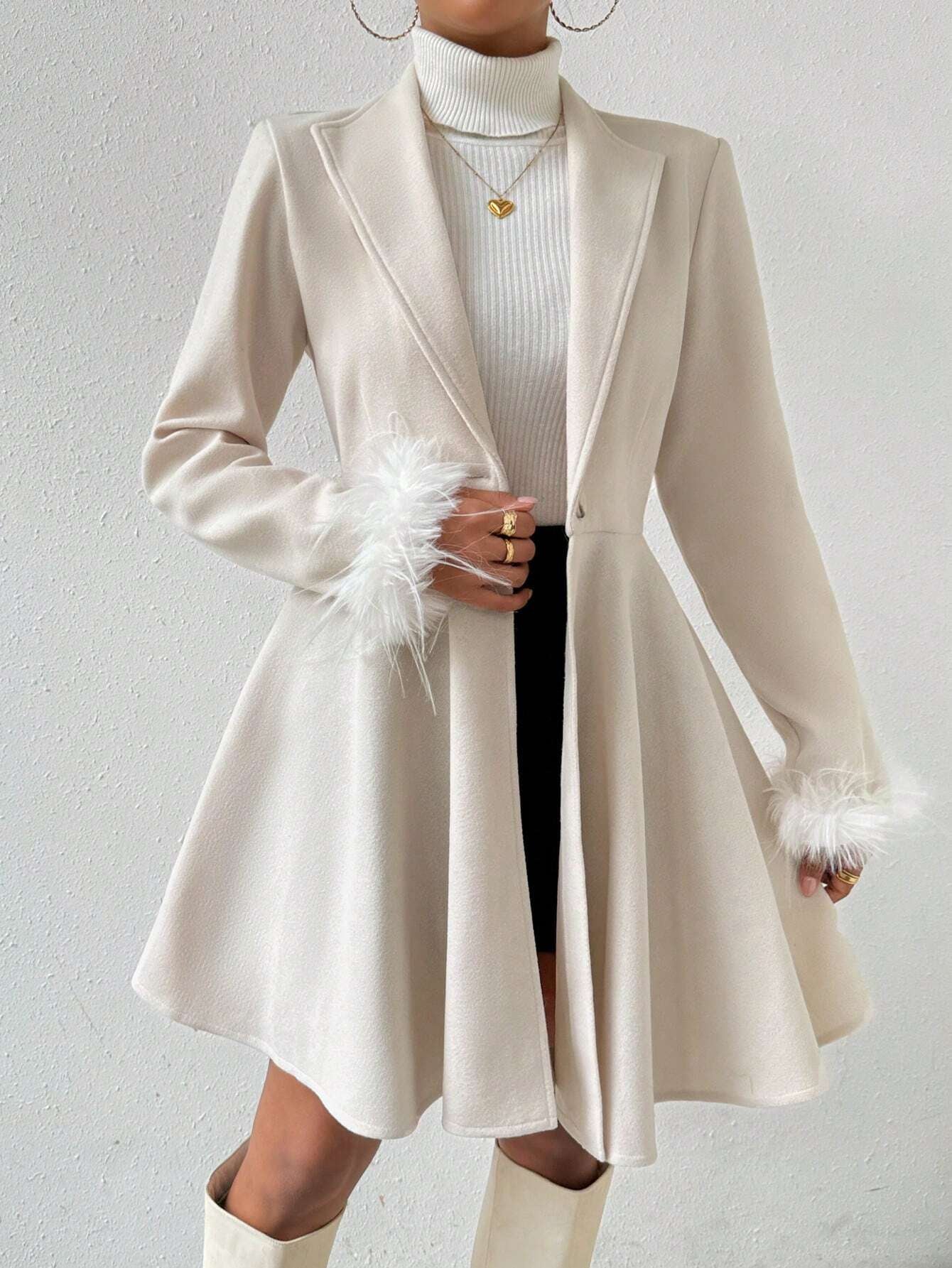 Privé Solid Color Wool Coat with Fringed Cuff and Single Button Closure