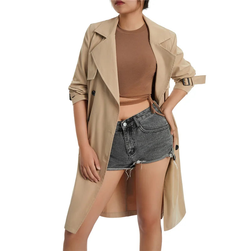 Ladies Casual Wind Coat, Spring Autumn Girls Solid Color Long Sleeve Lapel Double-Breasted Trench Outwear with Belt, Khaki/Green