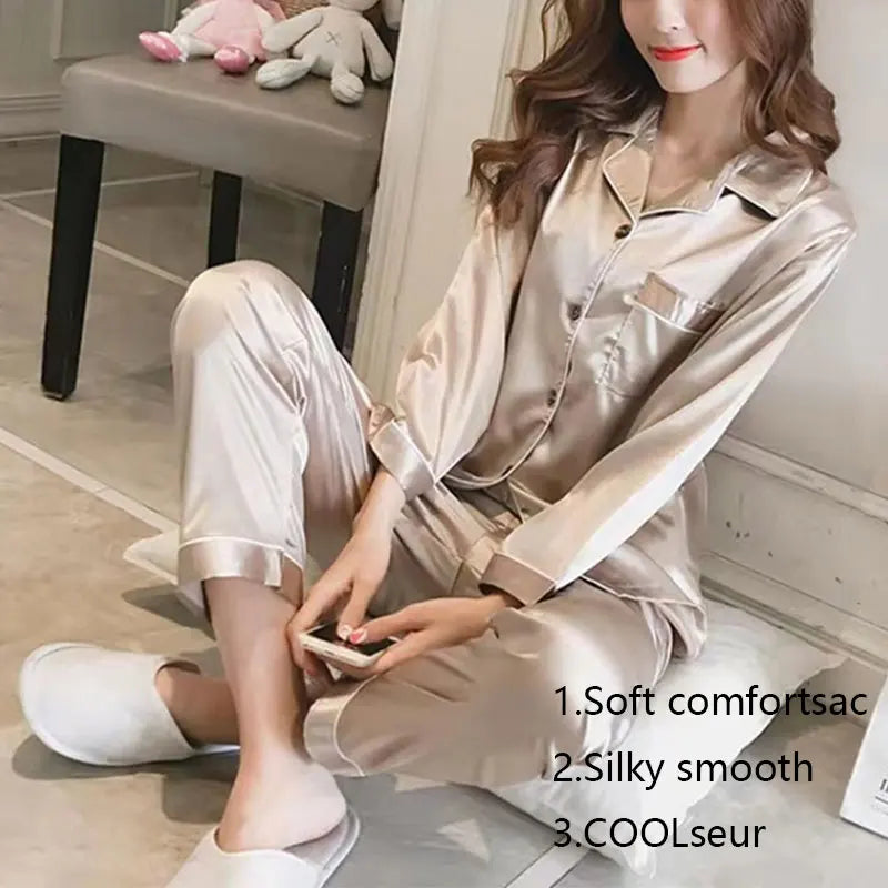 Women Pajamas Sleepwear Nightclothes Black Champagne L XL Long Sleeved Shirt and Trousers Ice Silky Solid Color Casual Smooth