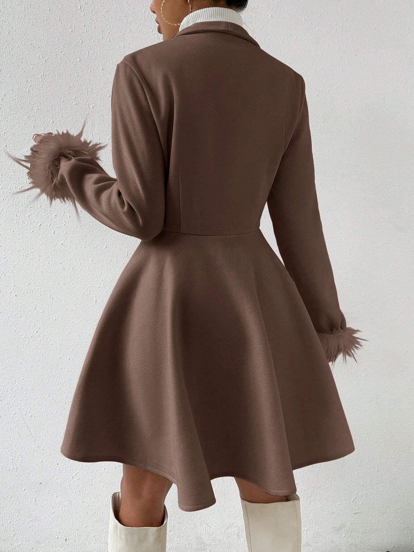 Privé Solid Color Wool Coat with Fringed Cuff and Single Button Closure