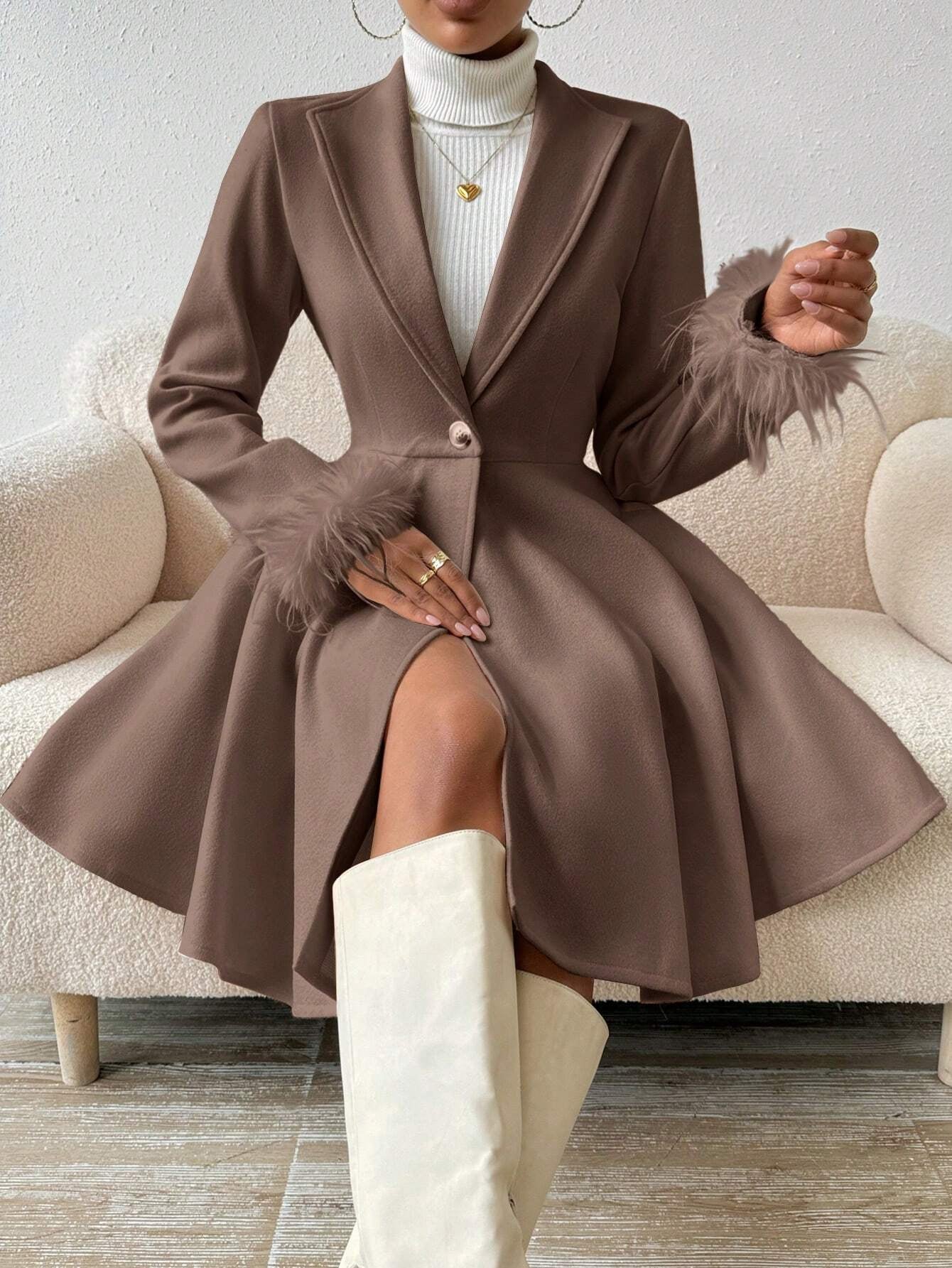Privé Solid Color Wool Coat with Fringed Cuff and Single Button Closure