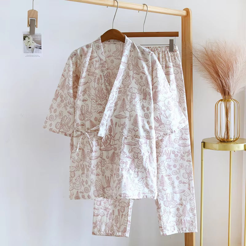 Japanese-Style Kimono Cotton Fresh Style Pajamas Suit Female Casual Spring and Summer Pajamas Pajamas Two-Piece Home Service