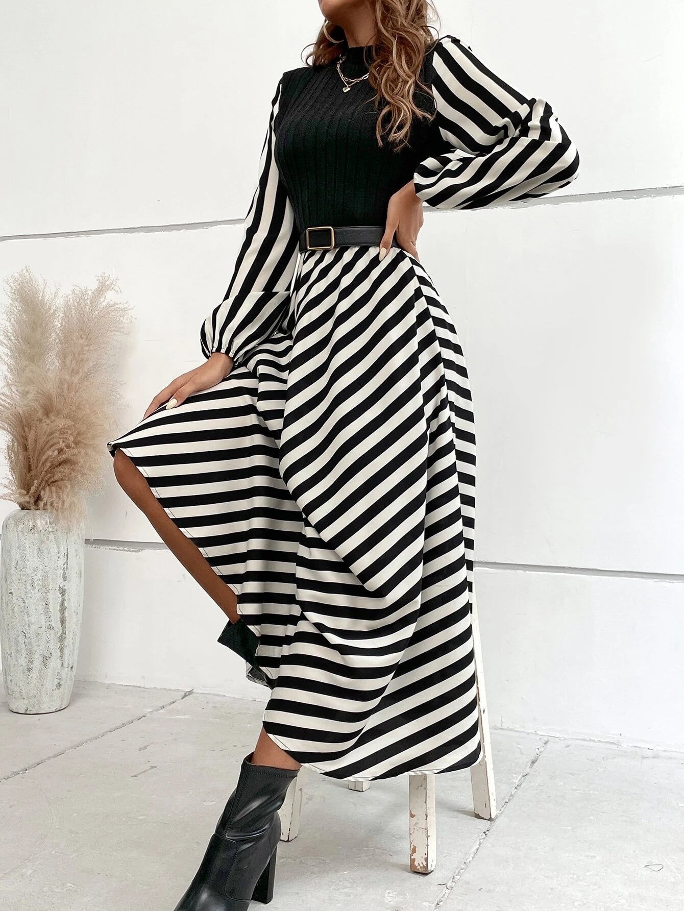 SHEIN Privé Striped Mock Neck Lantern Sleeve Dress without Belt