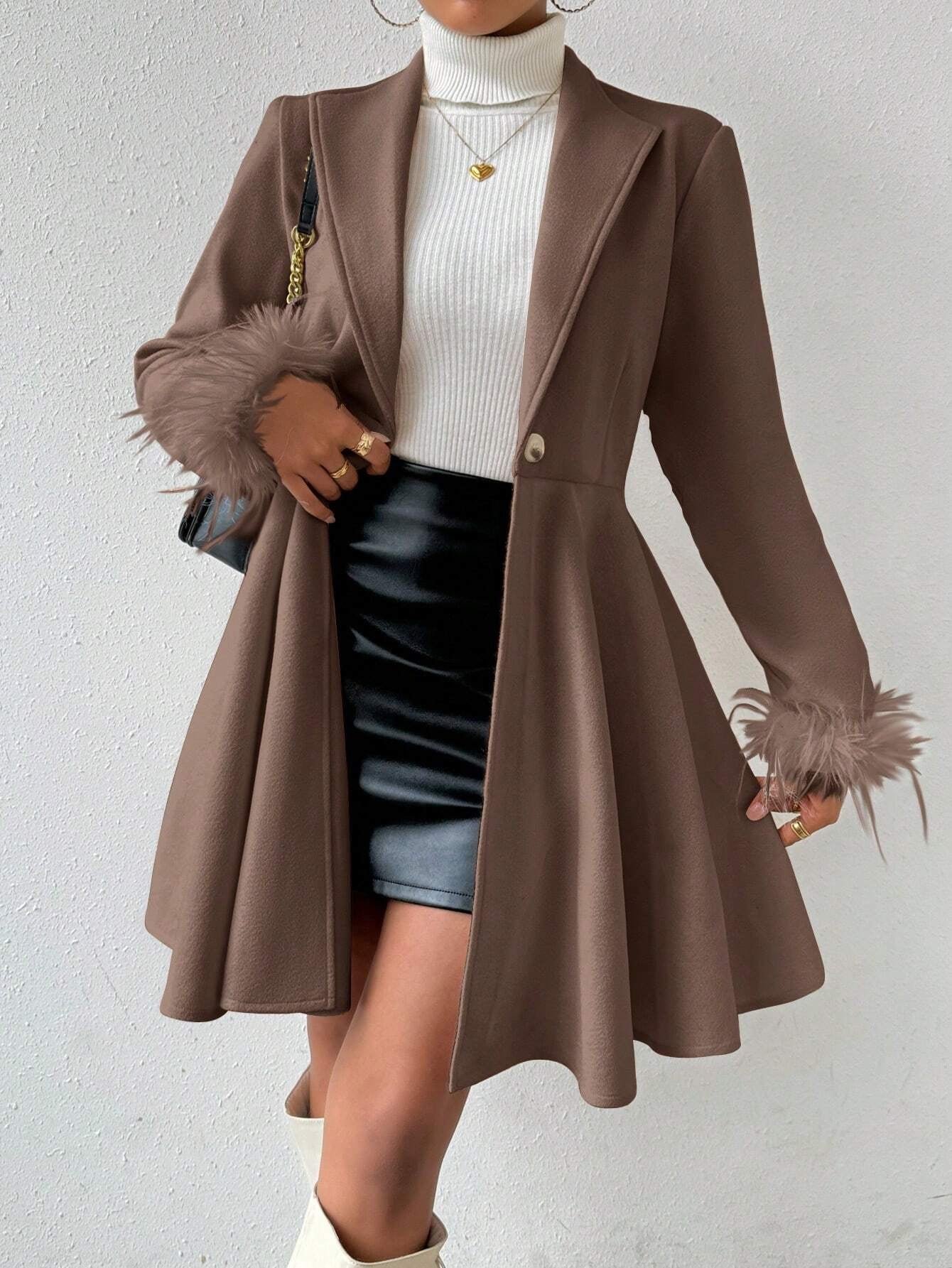 Privé Solid Color Wool Coat with Fringed Cuff and Single Button Closure