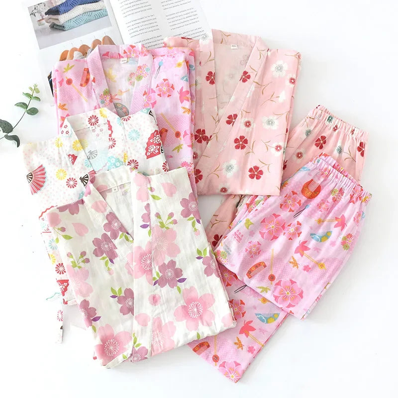 Japanese-Style Kimono Cotton Fresh Style Pajamas Suit Female Casual Spring and Summer Pajamas Pajamas Two-Piece Home Service