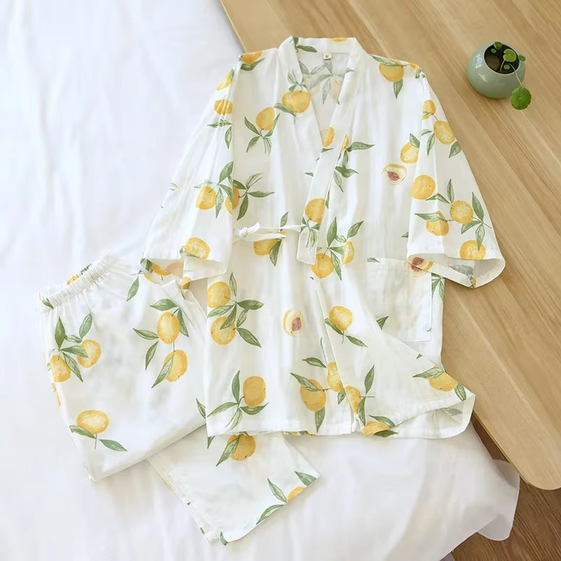 Japanese-Style Kimono Cotton Fresh Style Pajamas Suit Female Casual Spring and Summer Pajamas Pajamas Two-Piece Home Service