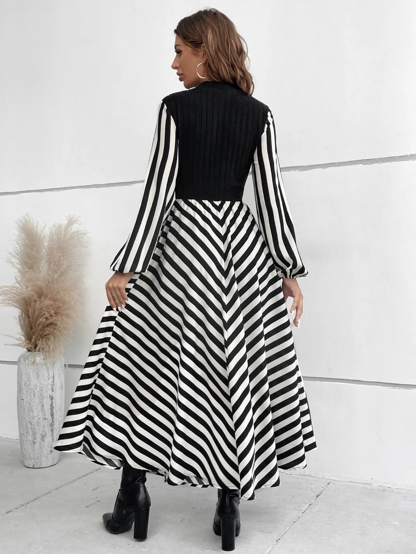SHEIN Privé Striped Mock Neck Lantern Sleeve Dress without Belt