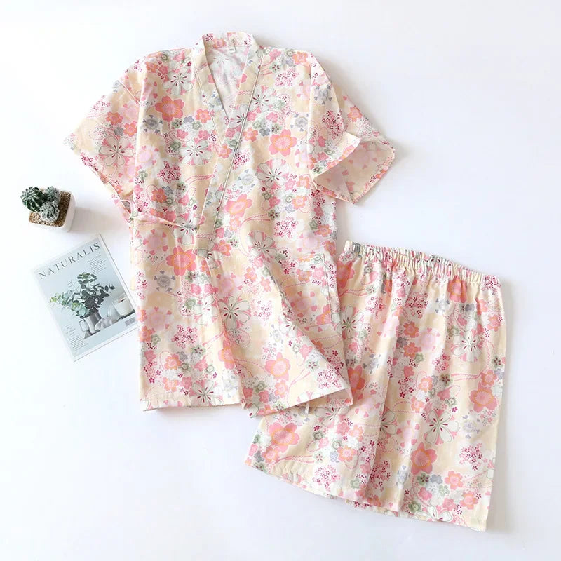 Japanese-Style Kimono Cotton Fresh Style Pajamas Suit Female Casual Spring and Summer Pajamas Pajamas Two-Piece Home Service
