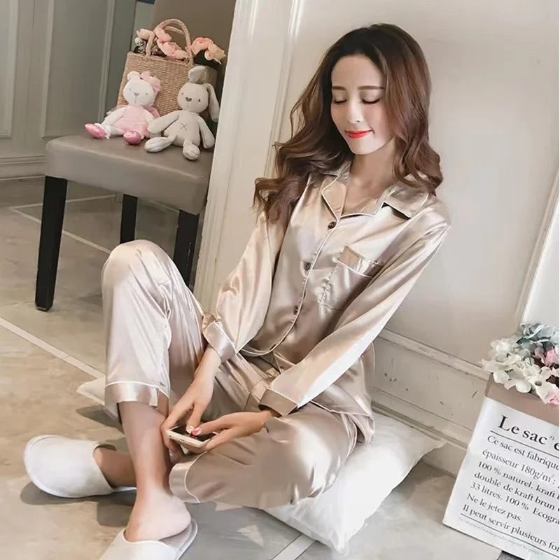 Women Pajamas Sleepwear Nightclothes Black Champagne L XL Long Sleeved Shirt and Trousers Ice Silky Solid Color Casual Smooth