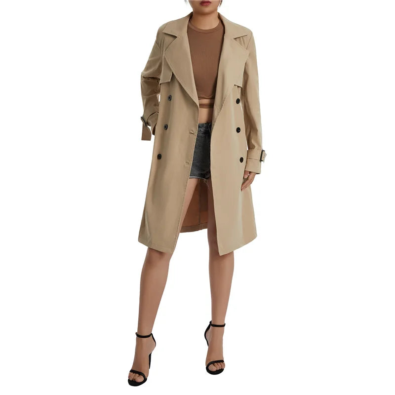 Ladies Casual Wind Coat, Spring Autumn Girls Solid Color Long Sleeve Lapel Double-Breasted Trench Outwear with Belt, Khaki/Green