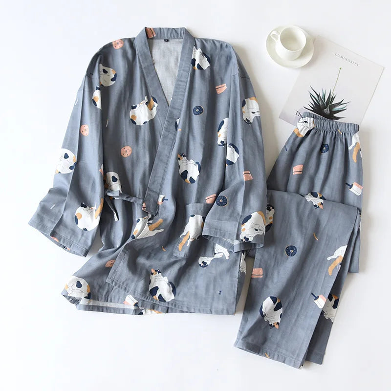 Japanese-Style Kimono Cotton Fresh Style Pajamas Suit Female Casual Spring and Summer Pajamas Pajamas Two-Piece Home Service