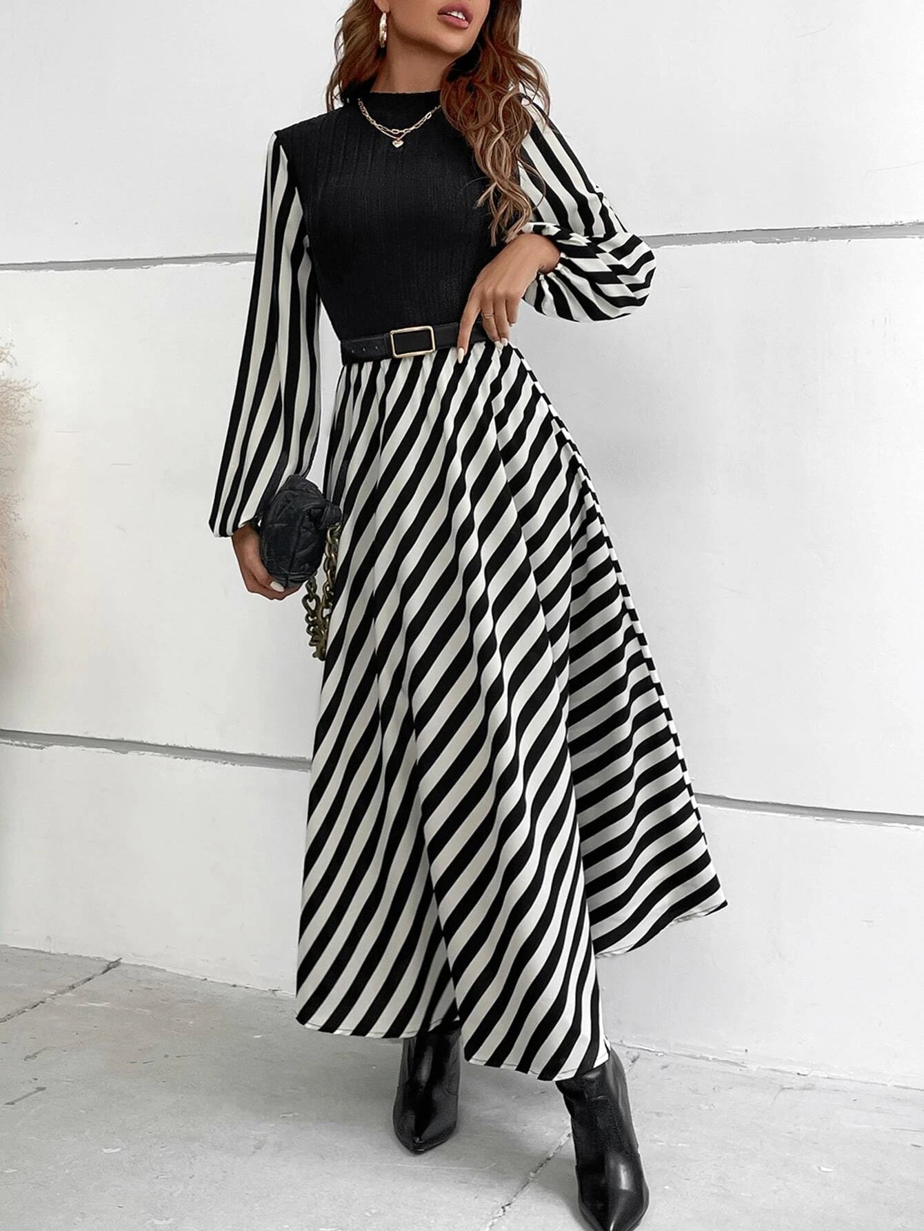 SHEIN Privé Striped Mock Neck Lantern Sleeve Dress without Belt