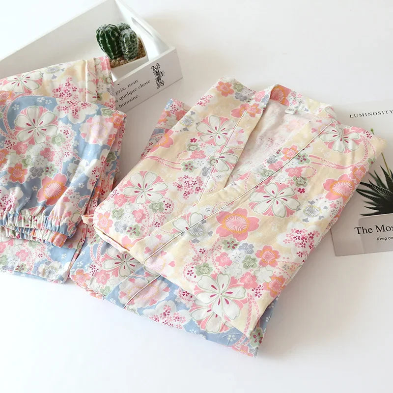 Japanese-Style Kimono Cotton Fresh Style Pajamas Suit Female Casual Spring and Summer Pajamas Pajamas Two-Piece Home Service