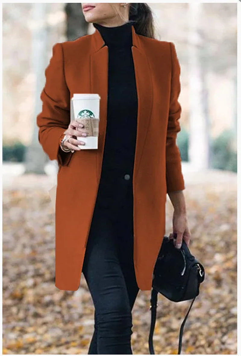 Long Jackets Women Open Fashion Long Sleeve New Europe Pure Color Woollen Coat Women Coats Dropshipping OLN1073