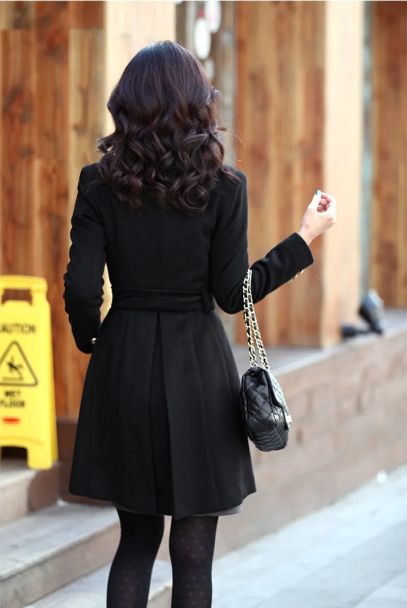 Women 2024 New Fashion Lapel Wool Coat Ladies Autumn Winter Manteau Femme Overcoat Cotton Mixing High Quality Long Slim Coats