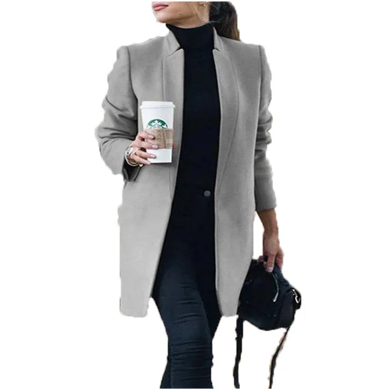 Long Jackets Women Open Fashion Long Sleeve New Europe Pure Color Woollen Coat Women Coats Dropshipping OLN1073