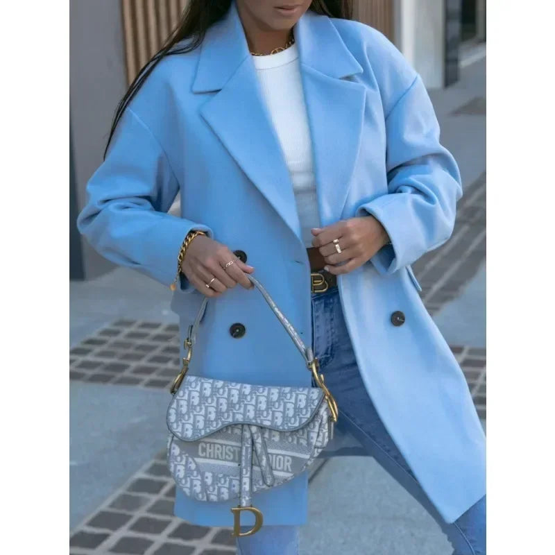 Long Sleeved Suit Collar Double Breasted Nickel Coat with Trendy Design Showcasing Personal Charm Coats for Women