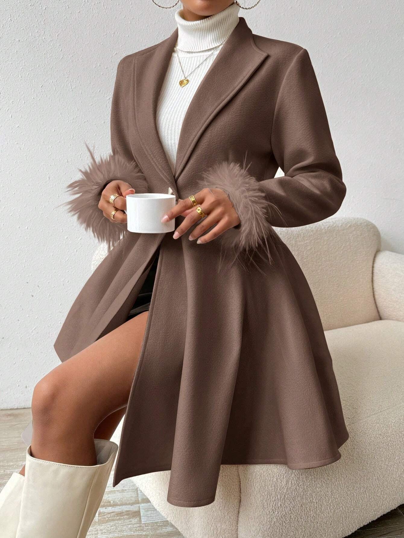 Privé Solid Color Wool Coat with Fringed Cuff and Single Button Closure