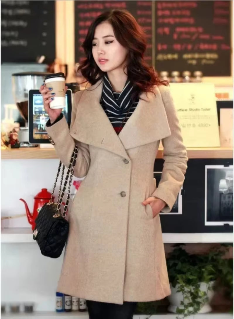 Women 2024 New Fashion Lapel Wool Coat Ladies Autumn Winter Manteau Femme Overcoat Cotton Mixing High Quality Long Slim Coats