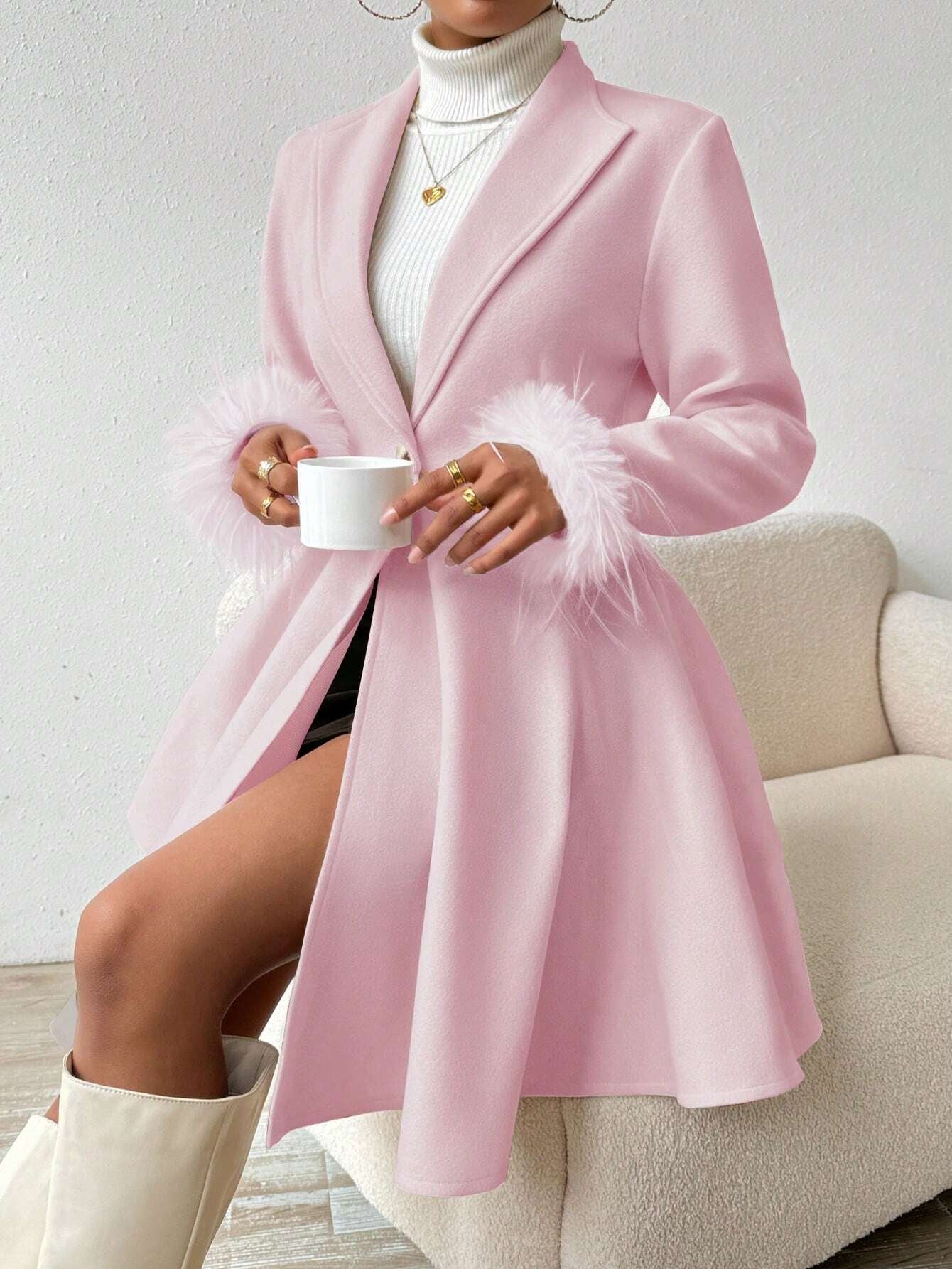 Privé Solid Color Wool Coat with Fringed Cuff and Single Button Closure