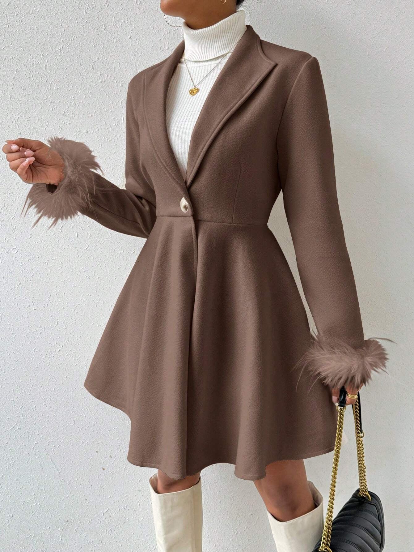 Privé Solid Color Wool Coat with Fringed Cuff and Single Button Closure