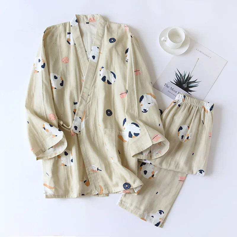 Japanese-Style Kimono Cotton Fresh Style Pajamas Suit Female Casual Spring and Summer Pajamas Pajamas Two-Piece Home Service
