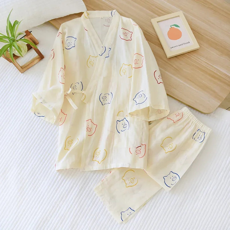 Japanese-Style Kimono Cotton Fresh Style Pajamas Suit Female Casual Spring and Summer Pajamas Pajamas Two-Piece Home Service
