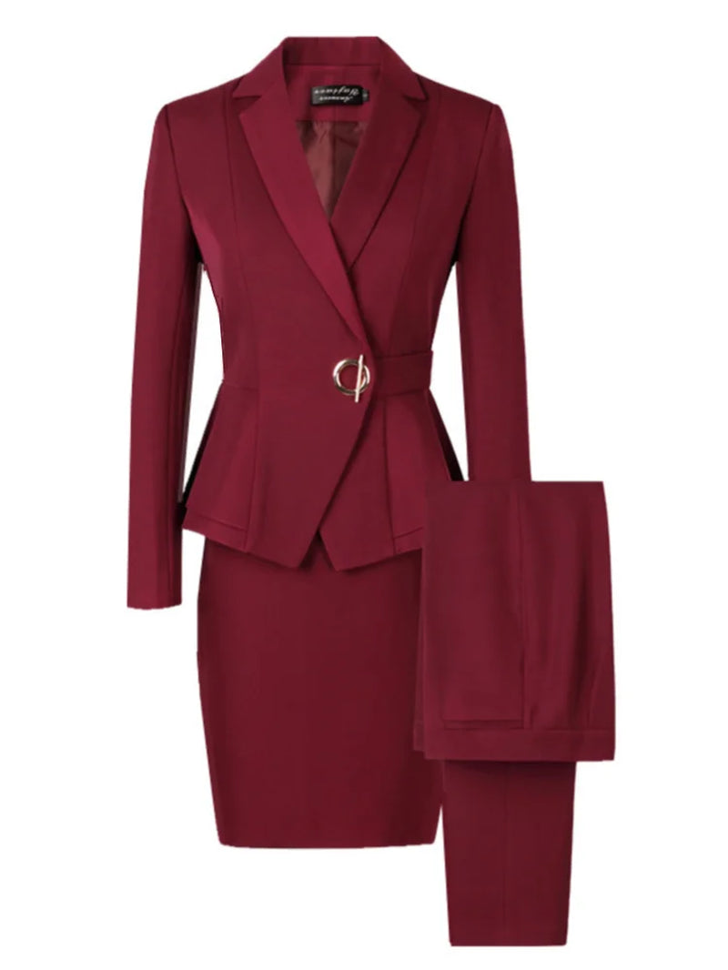 Women Skirt Suits Two Piece Set Office Ladies Blazer Pants Wine Red Elegant Business Suit Set Black Suits Work Wear Uniform