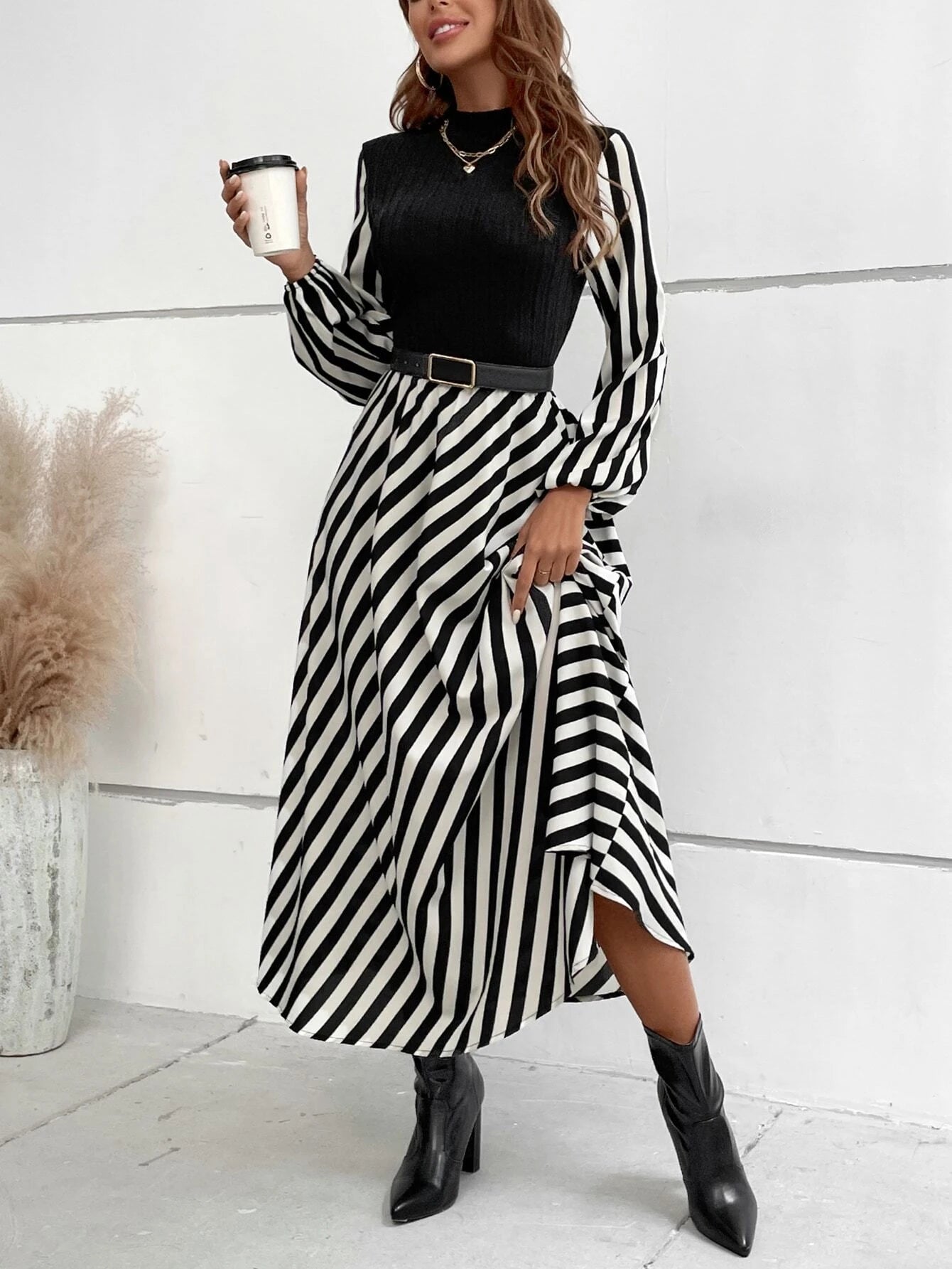 SHEIN Privé Striped Mock Neck Lantern Sleeve Dress without Belt