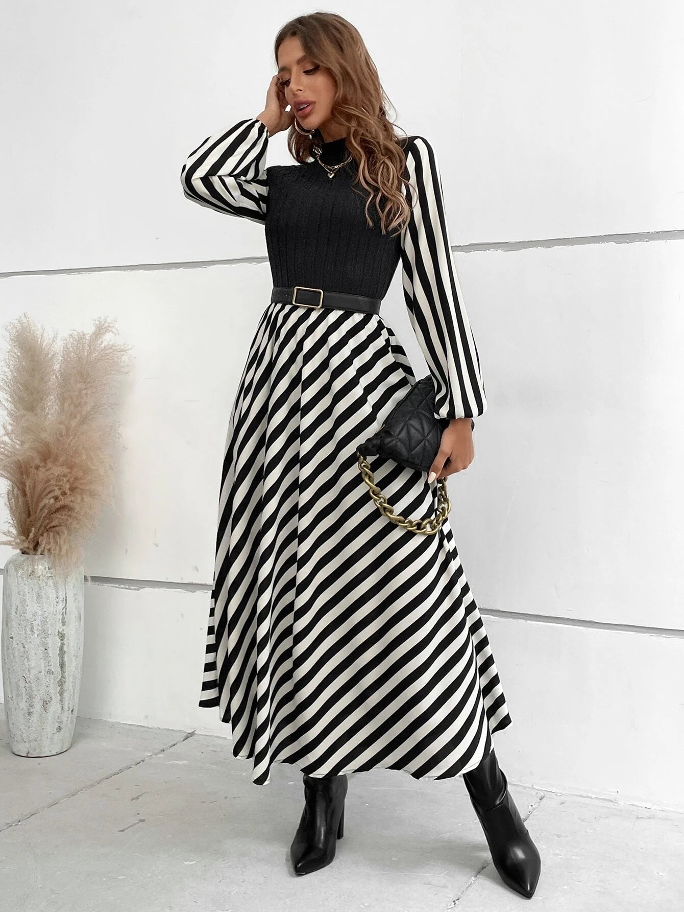 SHEIN Privé Striped Mock Neck Lantern Sleeve Dress without Belt