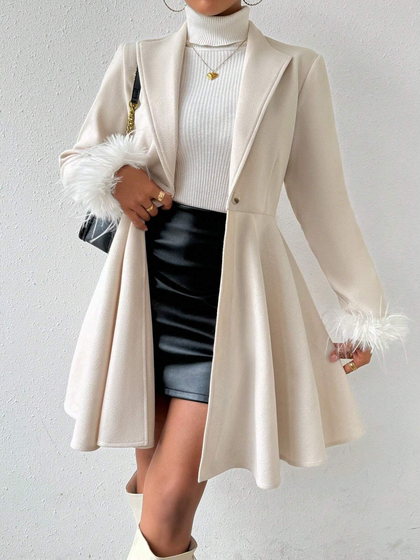 Privé Solid Color Wool Coat with Fringed Cuff and Single Button Closure