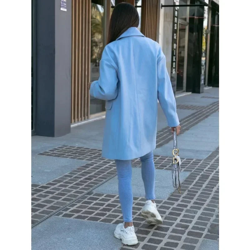 Long Sleeved Suit Collar Double Breasted Nickel Coat with Trendy Design Showcasing Personal Charm Coats for Women