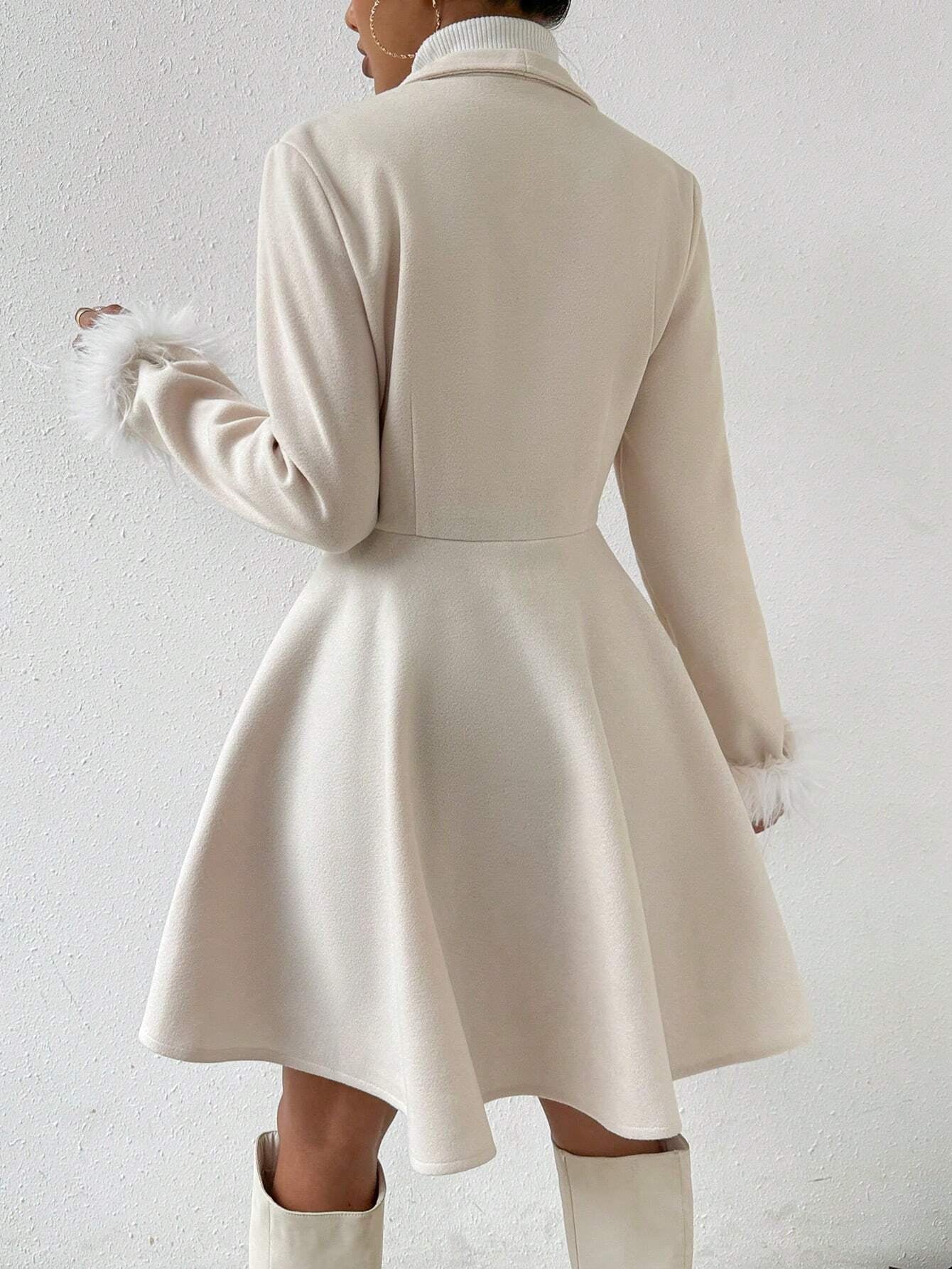 Privé Solid Color Wool Coat with Fringed Cuff and Single Button Closure