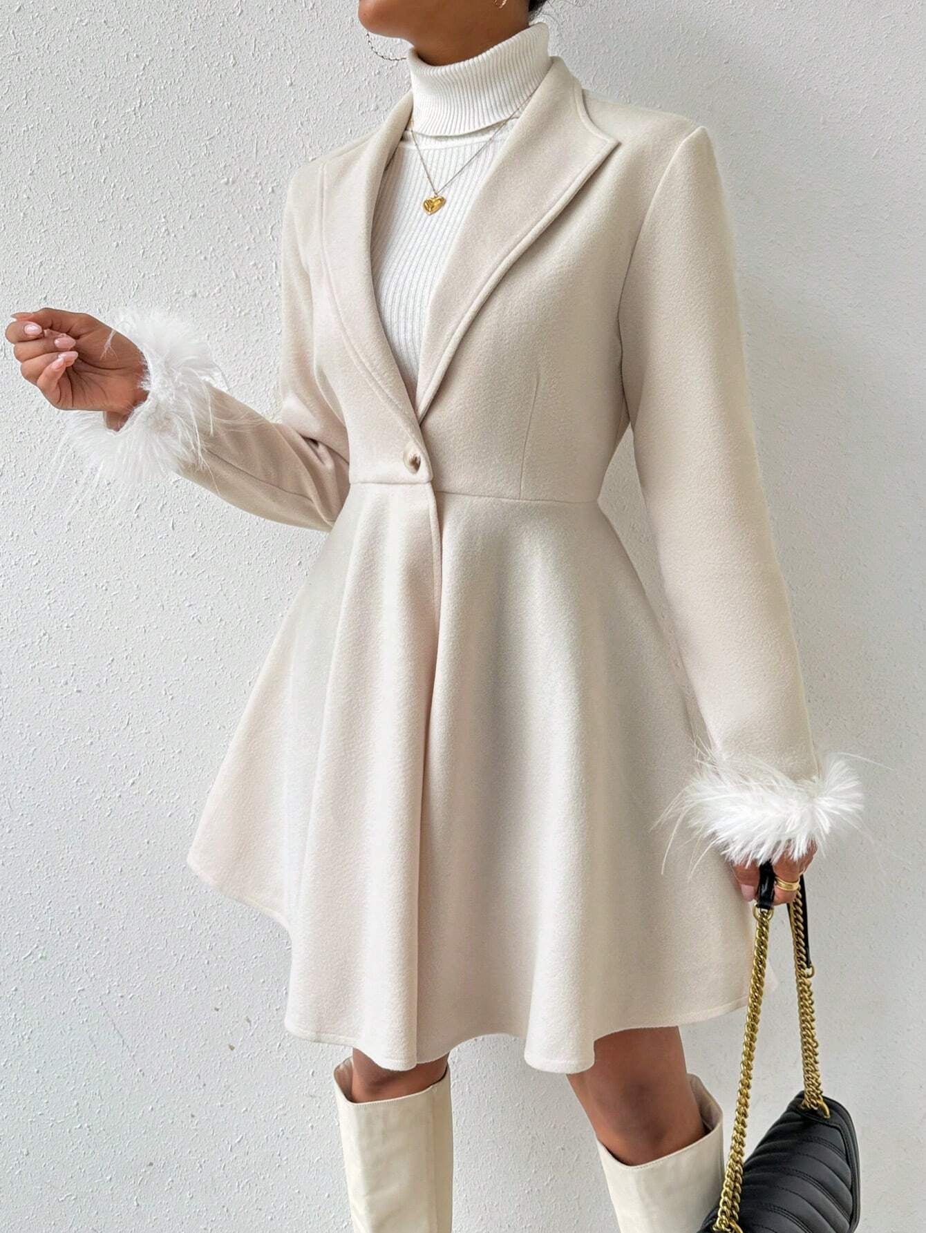 Privé Solid Color Wool Coat with Fringed Cuff and Single Button Closure