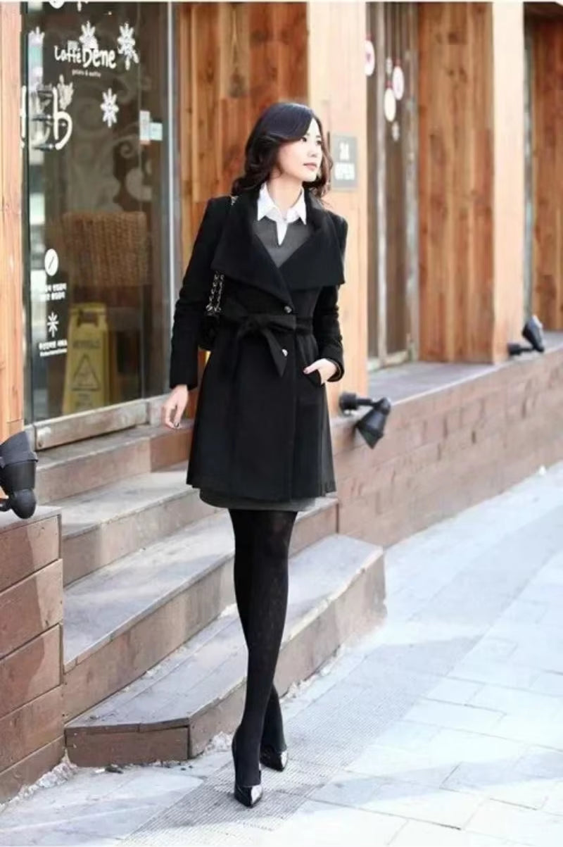 Women 2024 New Fashion Lapel Wool Coat Ladies Autumn Winter Manteau Femme Overcoat Cotton Mixing High Quality Long Slim Coats
