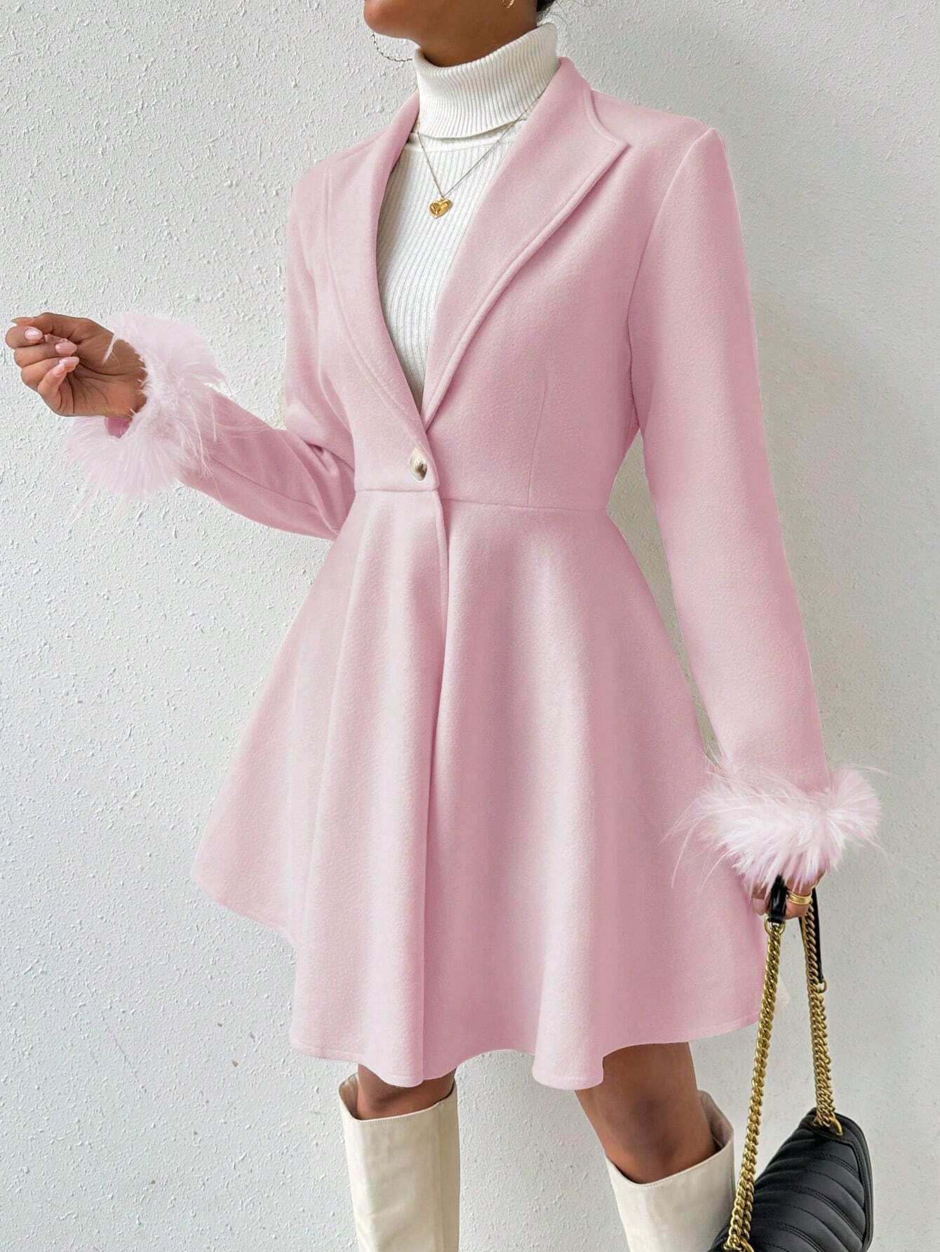 Privé Solid Color Wool Coat with Fringed Cuff and Single Button Closure