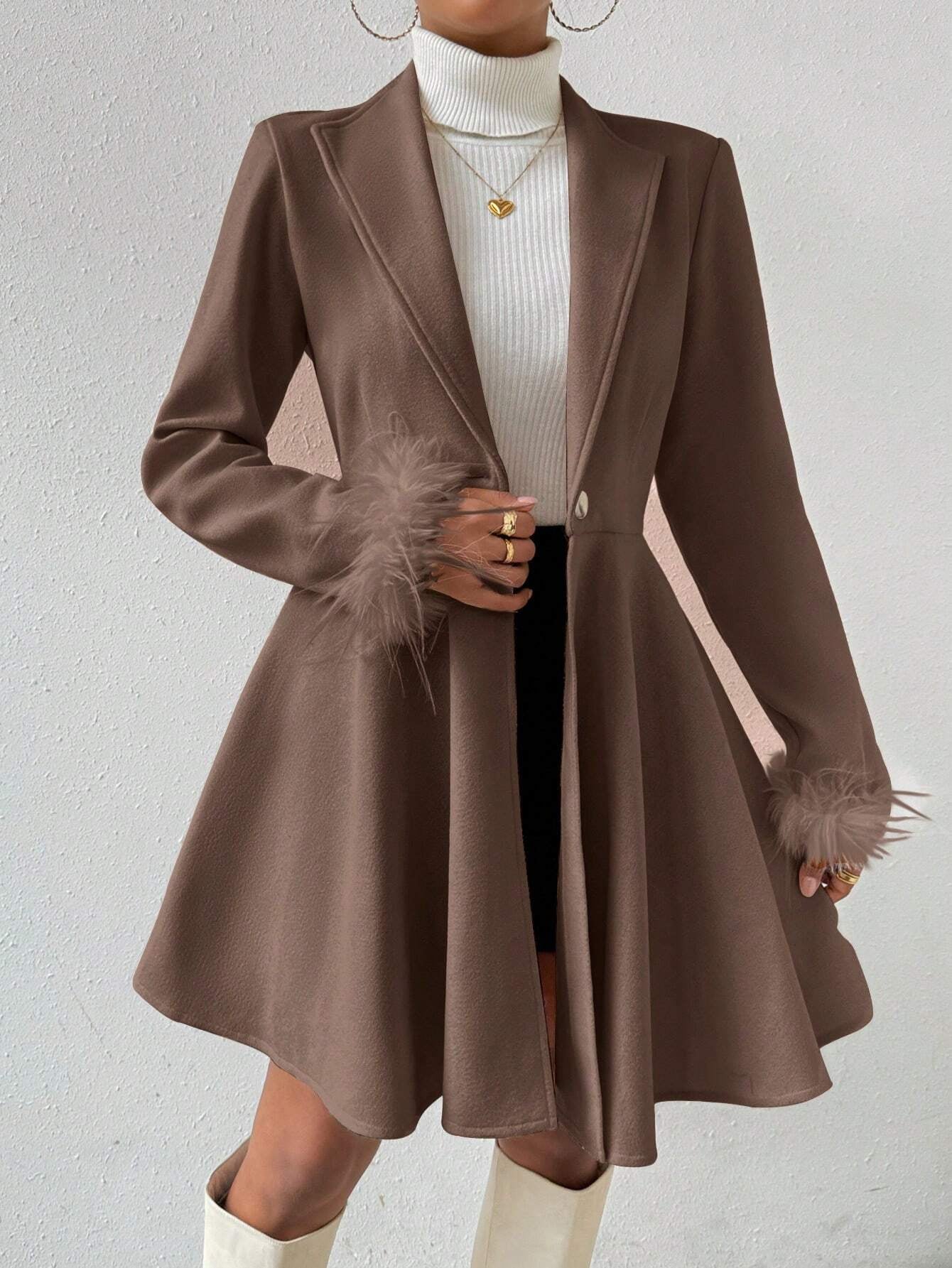 Privé Solid Color Wool Coat with Fringed Cuff and Single Button Closure