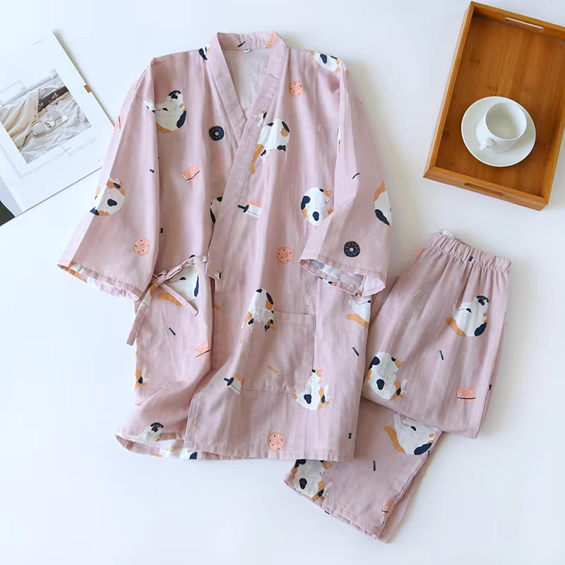 Japanese-Style Kimono Cotton Fresh Style Pajamas Suit Female Casual Spring and Summer Pajamas Pajamas Two-Piece Home Service