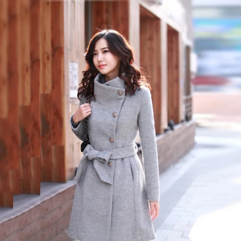 Women 2024 New Fashion Lapel Wool Coat Ladies Autumn Winter Manteau Femme Overcoat Cotton Mixing High Quality Long Slim Coats