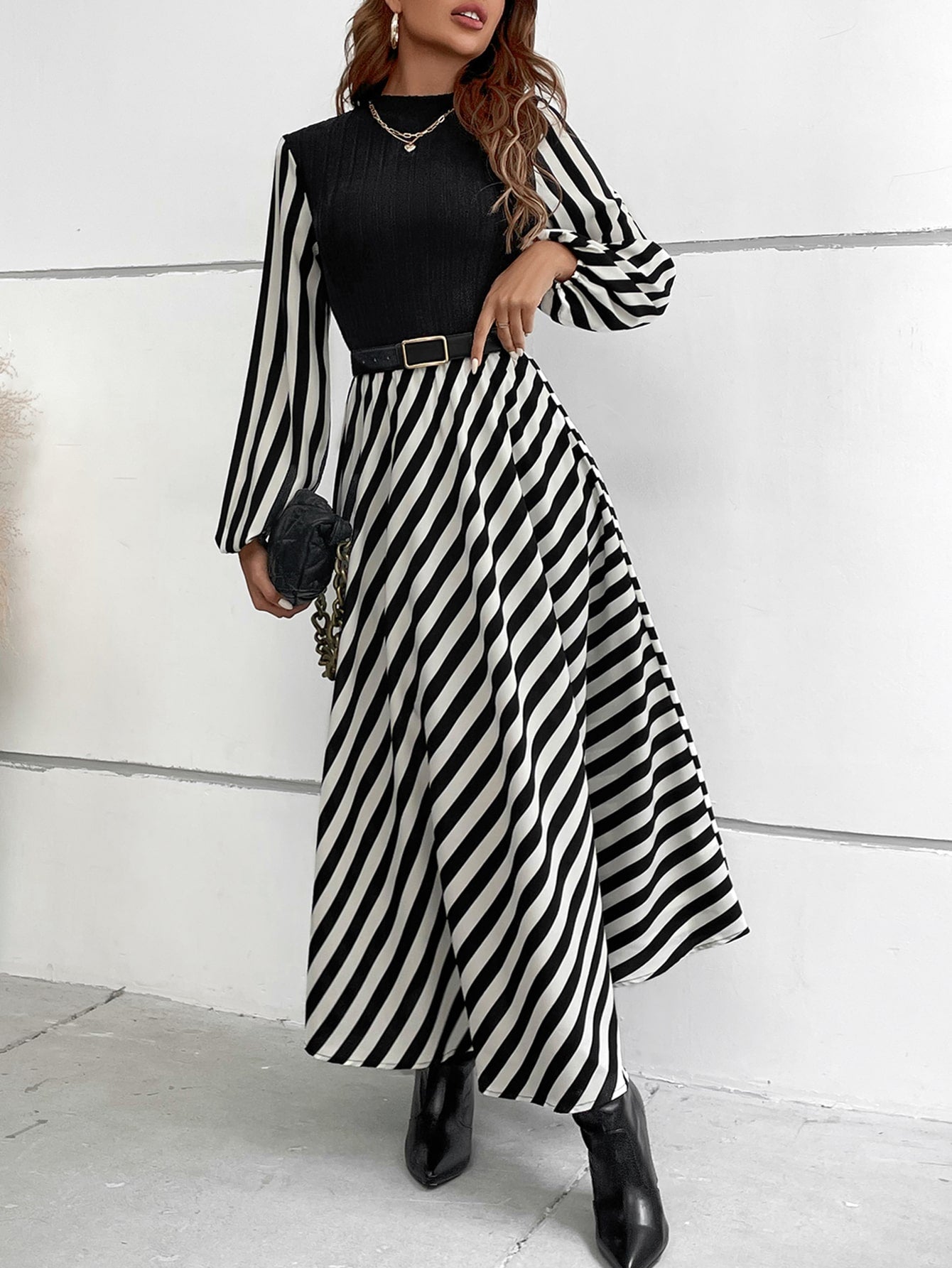 SHEIN Privé Striped Mock Neck Lantern Sleeve Dress without Belt