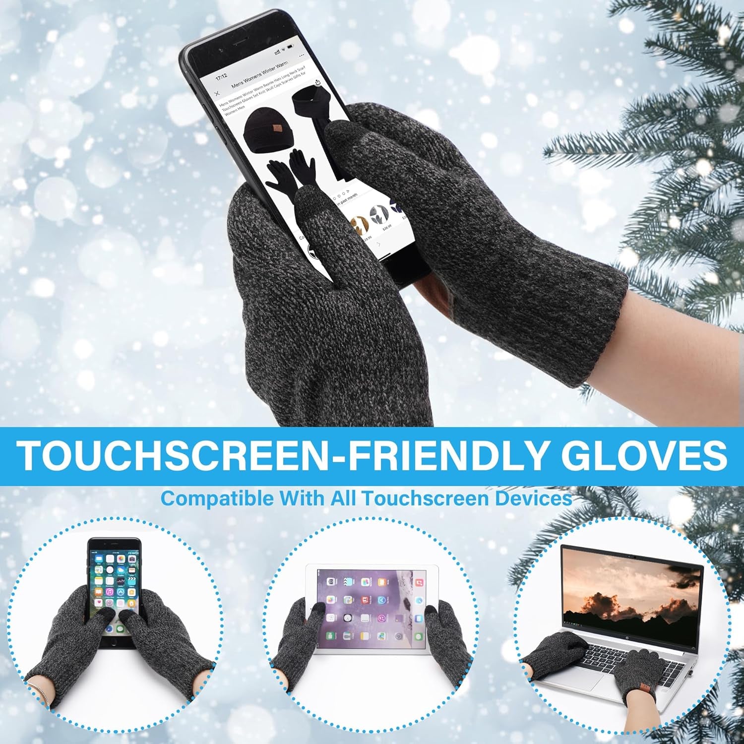 Warm & Stylish Winter Knit Set – Beanie, Long Scarf, and Touchscreen Gloves with Fleece Lining