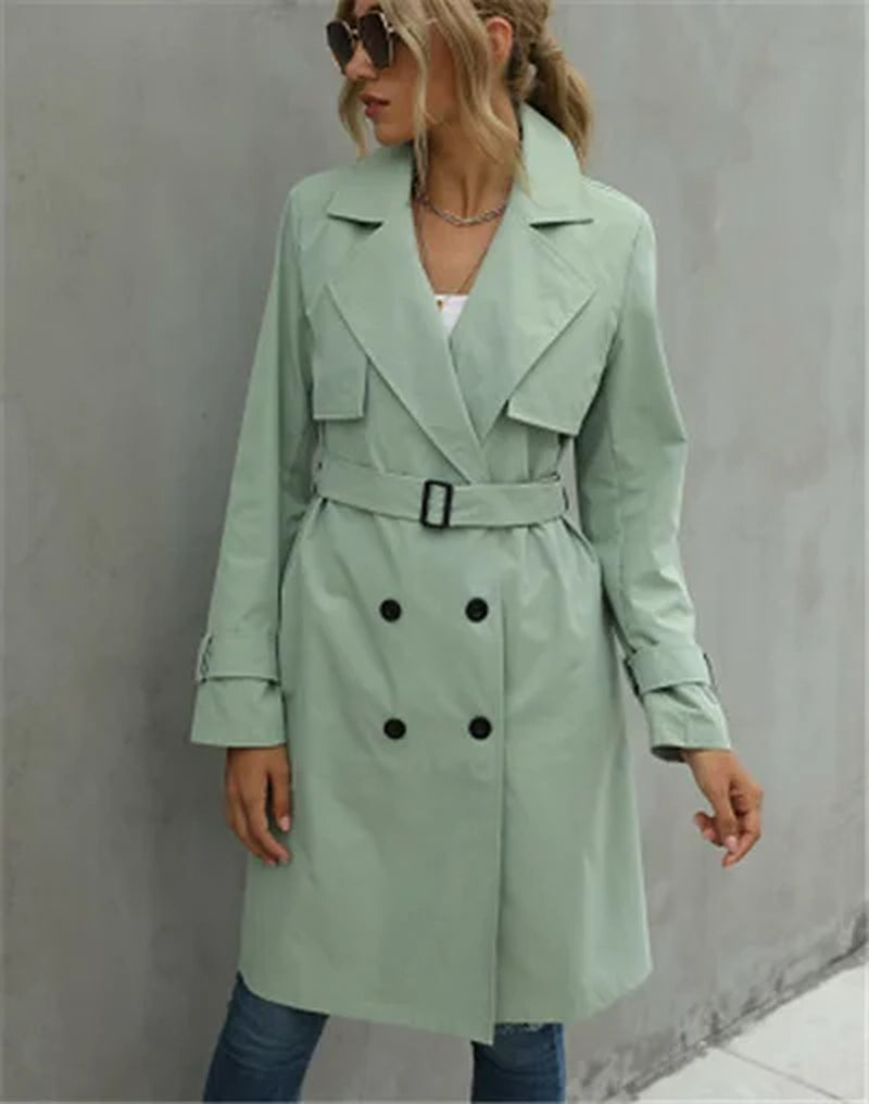 Ladies Casual Wind Coat, Spring Autumn Girls Solid Color Long Sleeve Lapel Double-Breasted Trench Outwear with Belt, Khaki/Green
