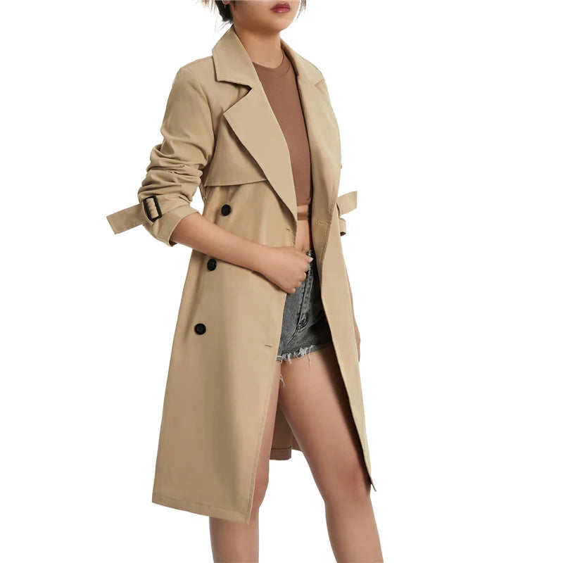 Ladies Casual Wind Coat, Spring Autumn Girls Solid Color Long Sleeve Lapel Double-Breasted Trench Outwear with Belt, Khaki/Green